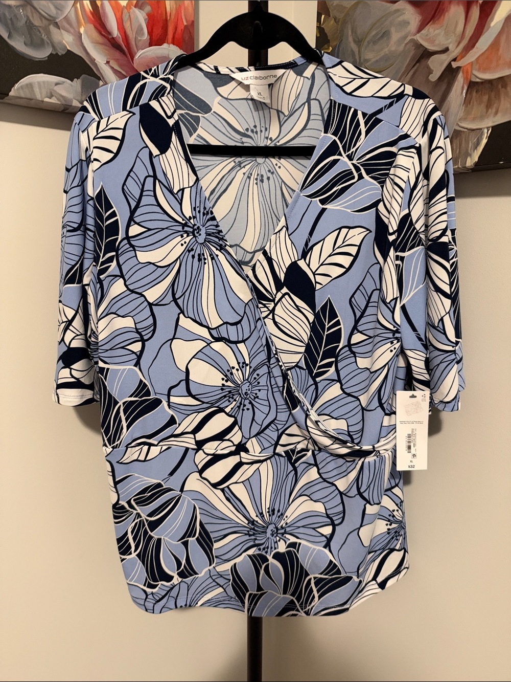 Liz Claiborne Light Blue Navy White Floral Wrap Top